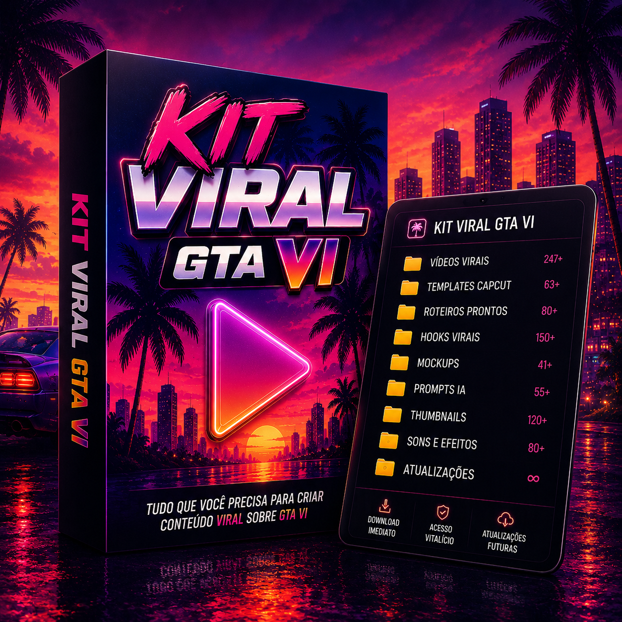 Mockup do Kit Viral GTA VI: caixa do produto e biblioteca digital organizada em tablet