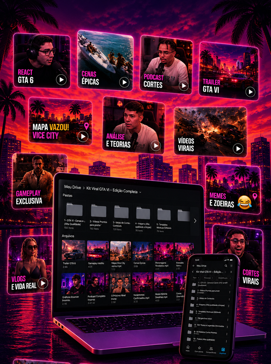 Mockup premium do Kit Viral GTA VI: laptop, celular e cards de conteúdo com cenas do jogo em atmosfera neon de Vice City